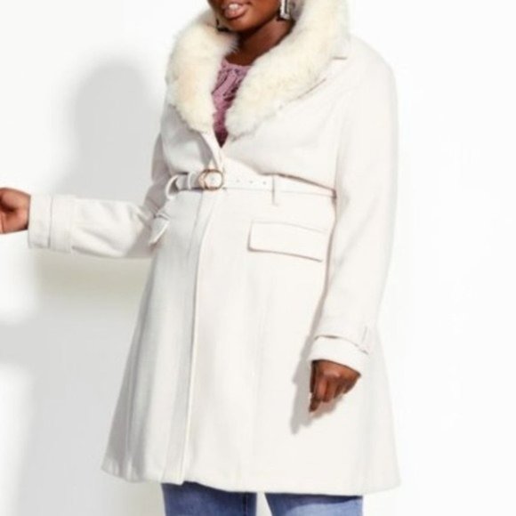 City Chic Jackets & Blazers - City Chic Cream Color Faux Fur Belted Winter Coat